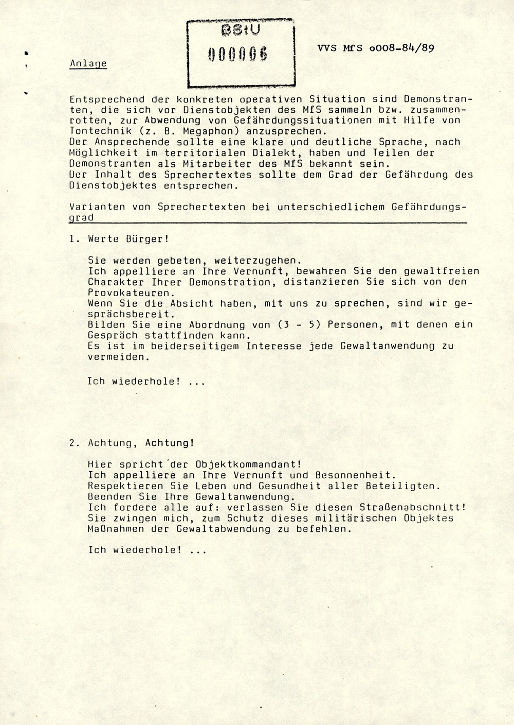 Anweisung von Mielke zur Sicherung der Dienstobjekte der Bezirksverwaltungen, Kreisdienststellen und Objektdienststellen