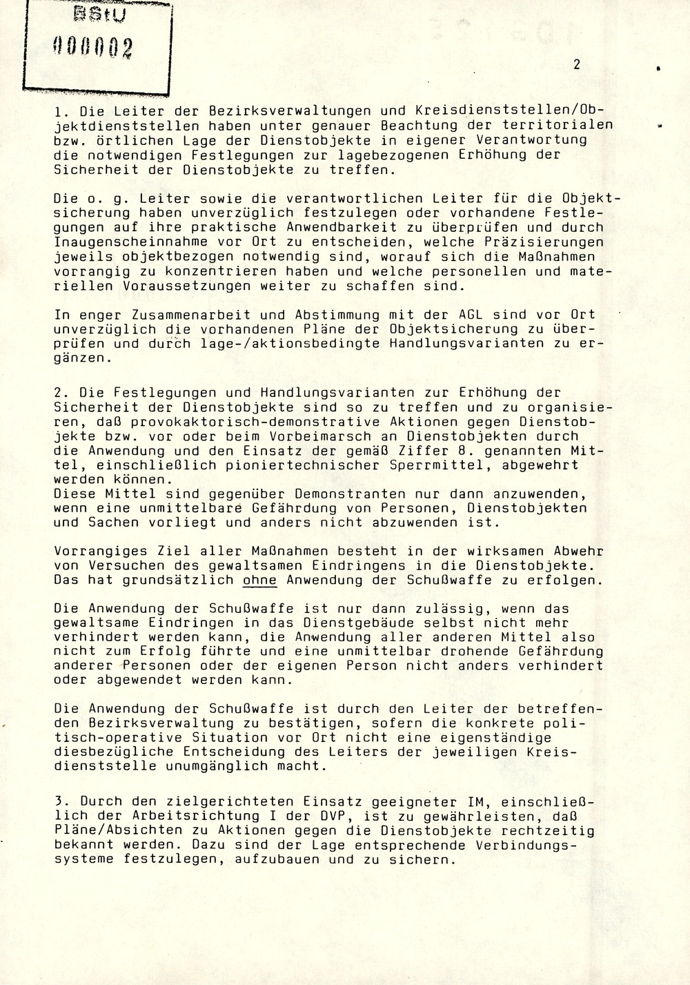 Anweisung von Mielke zur Sicherung der Dienstobjekte der Bezirksverwaltungen, Kreisdienststellen und Objektdienststellen
