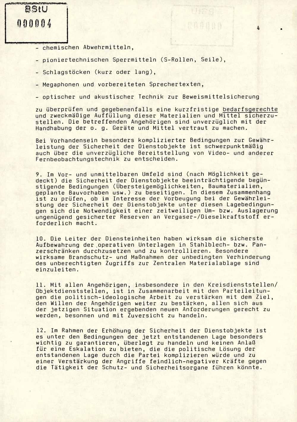 Anweisung von Mielke zur Sicherung der Dienstobjekte der Bezirksverwaltungen, Kreisdienststellen und Objektdienststellen