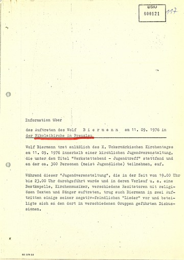 Bericht über Wolf Biermanns Auftritt in der Prenzlauer Nikolaikirche am 11. September 1976