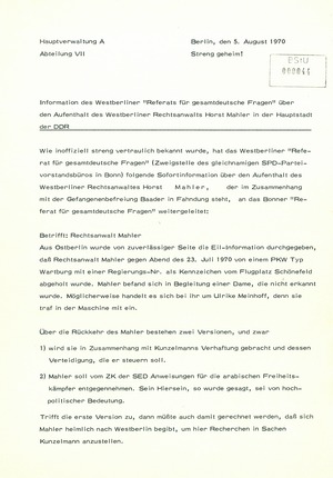 Bericht über die Einreise Horst Mahlers in die DDR