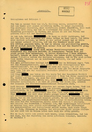 Stasi-Aufzeichnung der Stellungnahme eines Brigadiers zu einer Rede, die er in Torgelow während des Volksauftsandes hielt