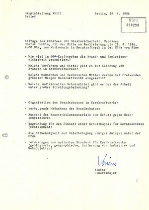 Anfrage des KGB zu Sicherheitsvorkehrungen in DDR-Kernkraftwerken