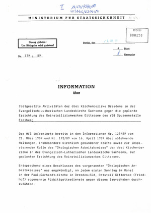 Information über fortgesetzte Aktivitäten der drei Kirchenbezirke Dresdens in der Evangelisch- Lutherischen Landeskirche Sachsens gegen die geplante Errichtung des Reinstsiliziumwerkes Gittersee