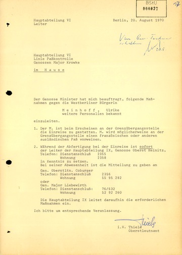 Anweisung des Ministers für Staatssicherheit Ulrike Meinhof bei einem Einreiseversuch in die DDR zu verhören