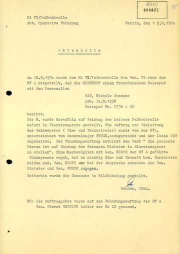Aktennotiz zur versuchten Einreise von Ulrike Meinhof in die DDR unter dem Namen Michèle Susanne Ray