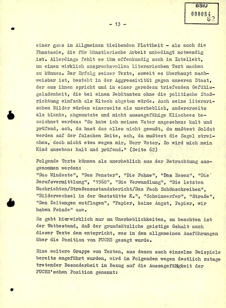 Gutachten über die literarischen Werke von Jürgen Fuchs