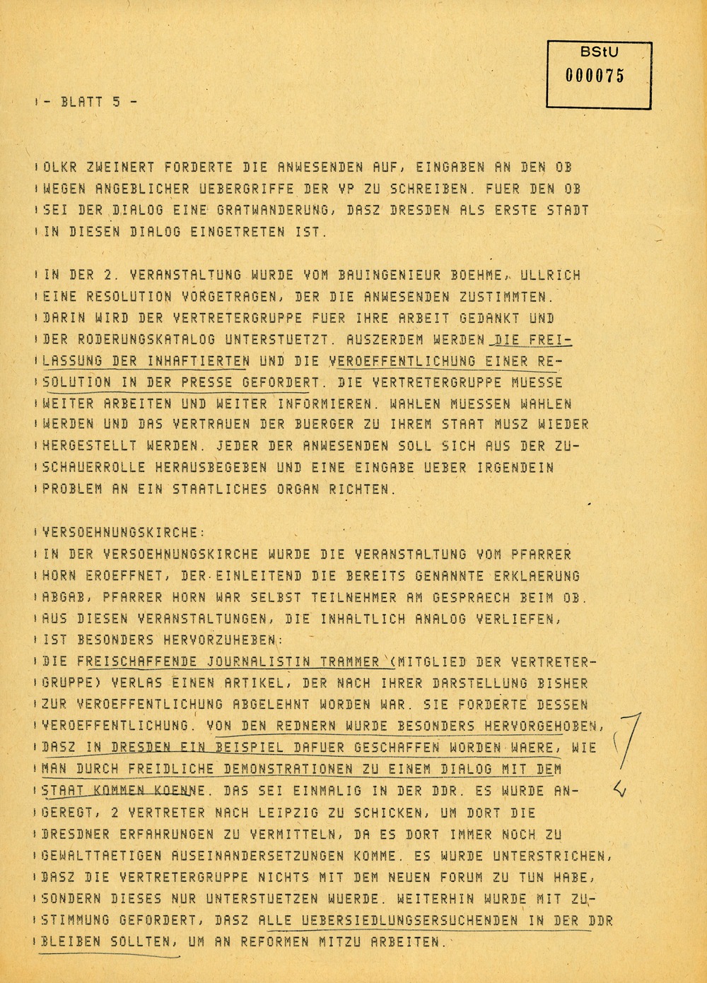 Fernschreiben von Böhm, Leiter der BVfS Dresden, an die MfS-Zentrale zu den Ereignissen in Dresden am 9. Oktober 1989