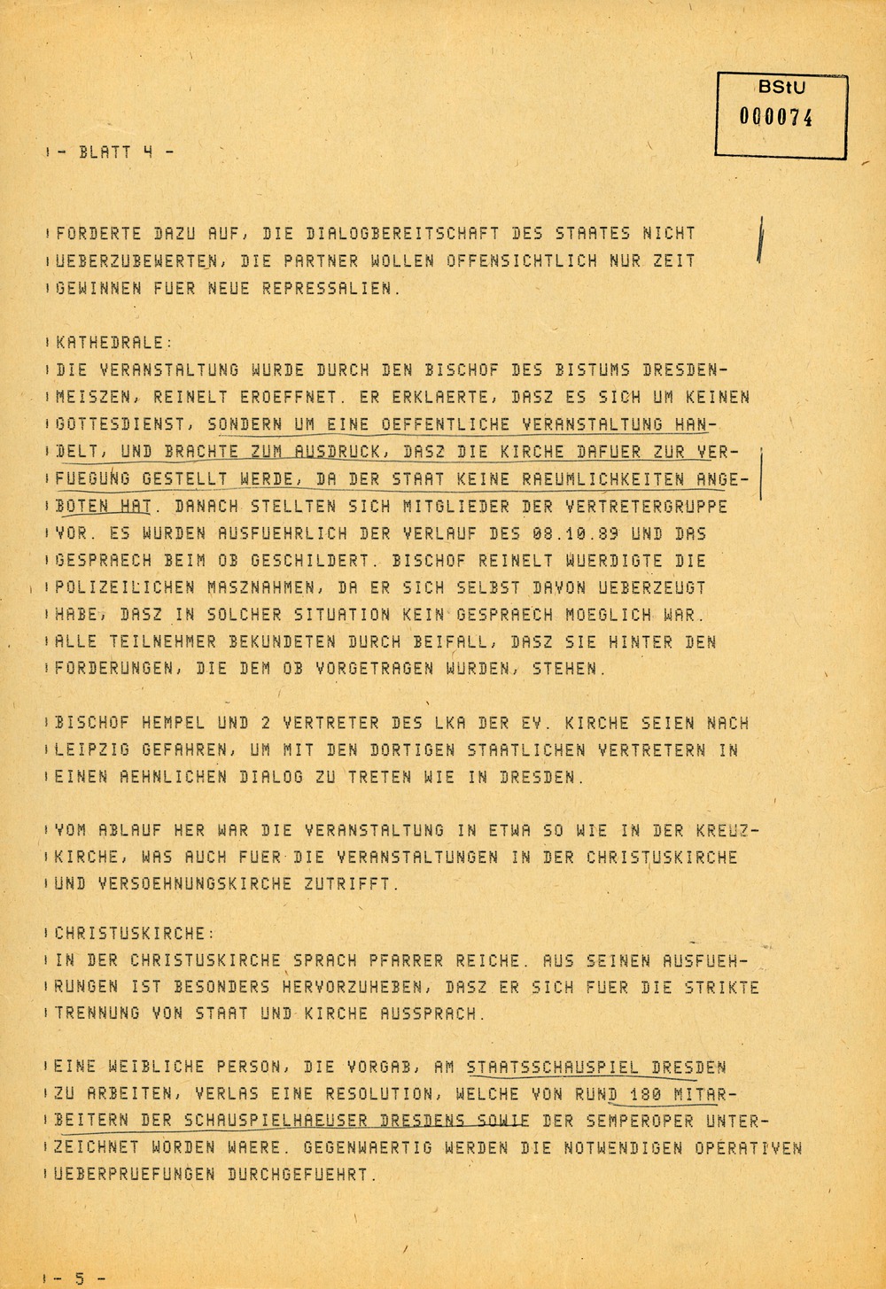 Fernschreiben von Böhm, Leiter der BVfS Dresden, an die MfS-Zentrale zu den Ereignissen in Dresden am 9. Oktober 1989