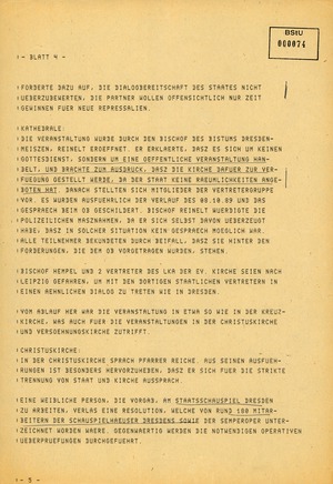 Fernschreiben von Böhm, Leiter der BVfS Dresden, an die MfS-Zentrale zu den Ereignissen in Dresden am 9. Oktober 1989