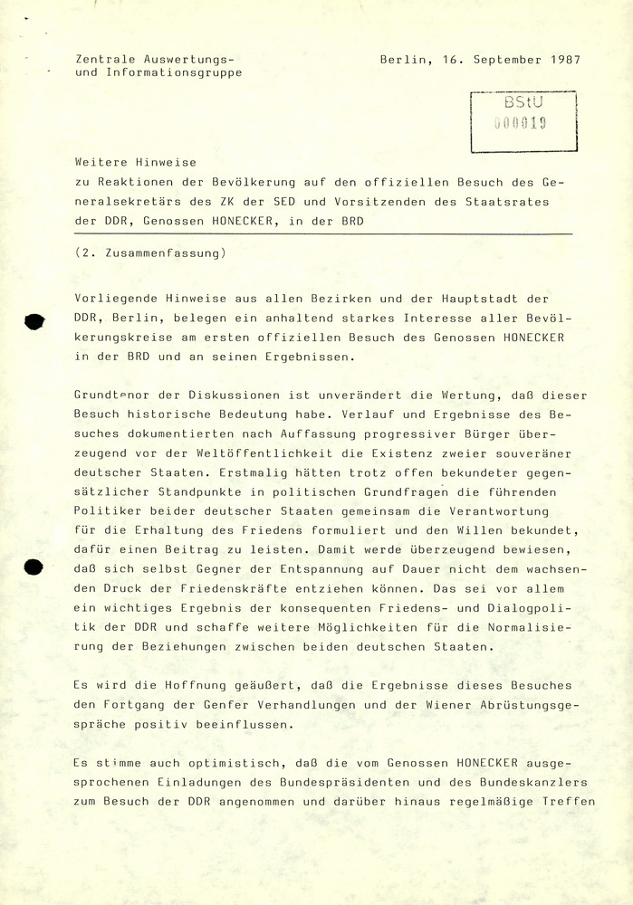 Zusammenfassung der Reaktionen der DDR-Bevölkerung auf den Besuch von Erich Honecker in der BRD