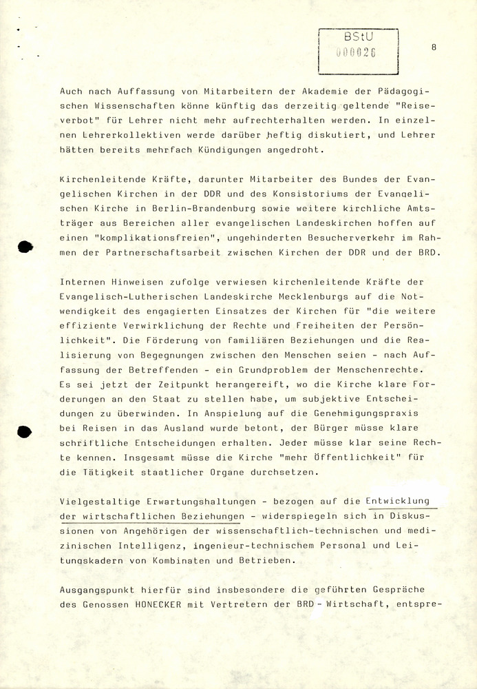 Zusammenfassung der Reaktionen der DDR-Bevölkerung auf den Besuch von Erich Honecker in der BRD