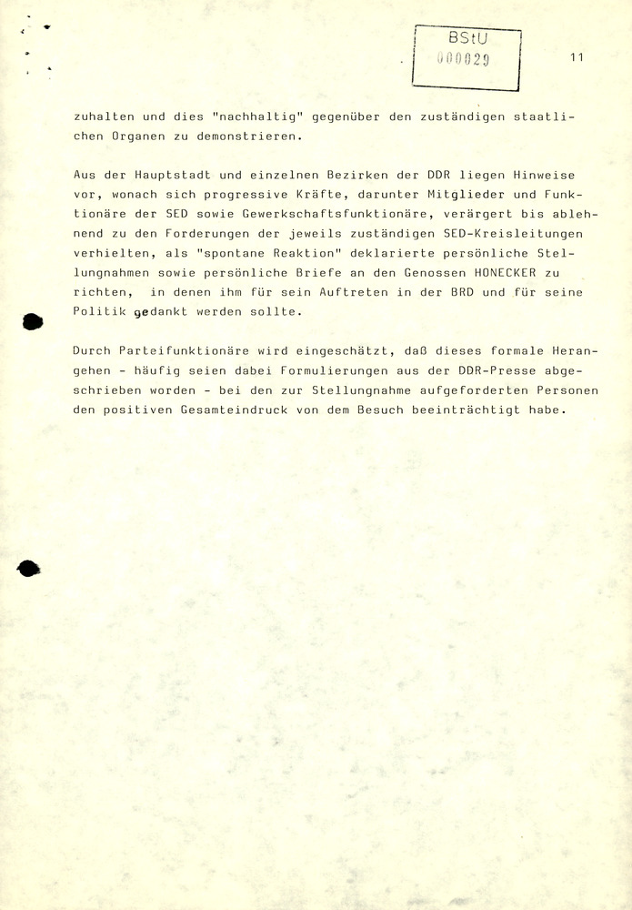 Zusammenfassung der Reaktionen der DDR-Bevölkerung auf den Besuch von Erich Honecker in der BRD