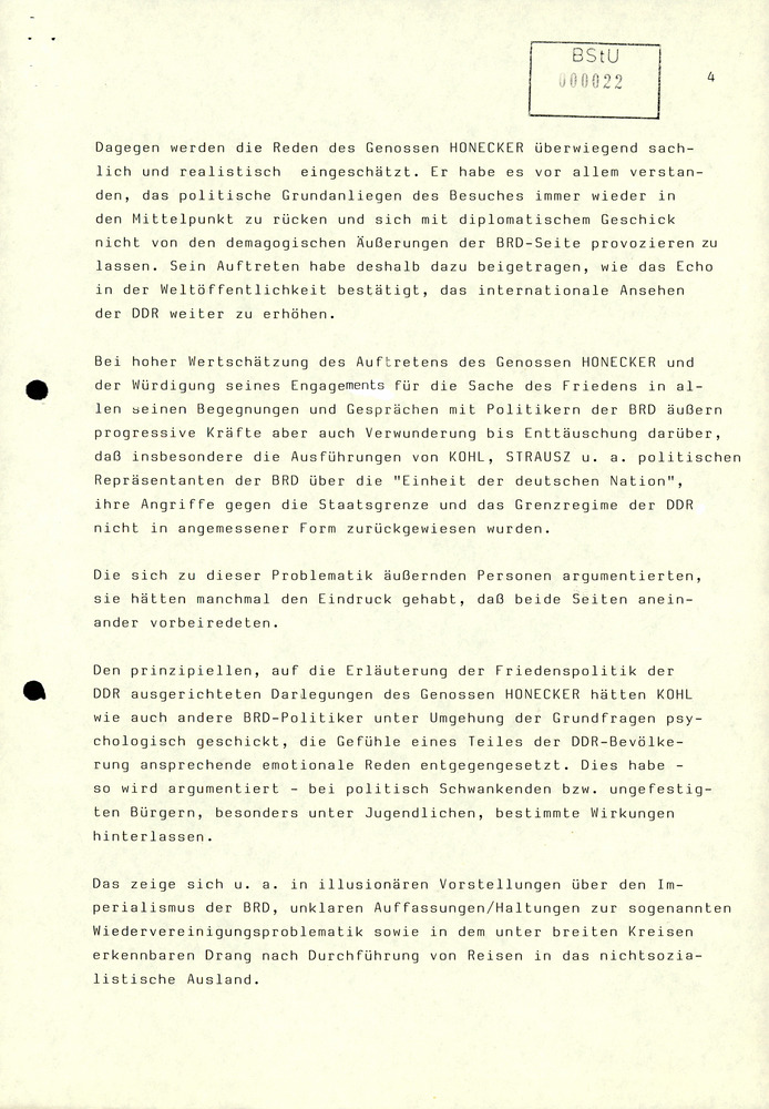 Zusammenfassung der Reaktionen der DDR-Bevölkerung auf den Besuch von Erich Honecker in der BRD