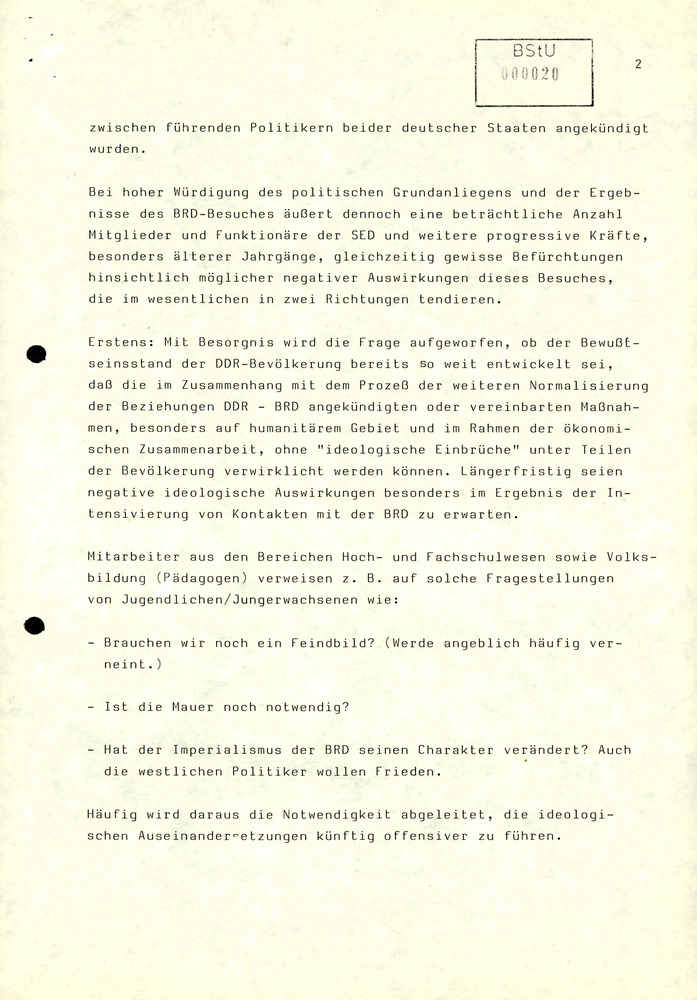 Zusammenfassung der Reaktionen der DDR-Bevölkerung auf den Besuch von Erich Honecker in der BRD