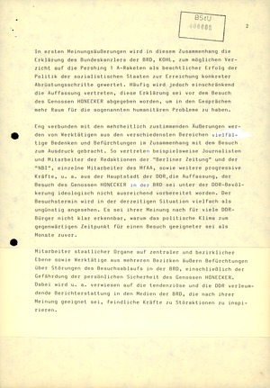 Weitere Hinweise zur Reaktion der DDR-Bevölkerung auf den Honecker-Besuch in der BRD