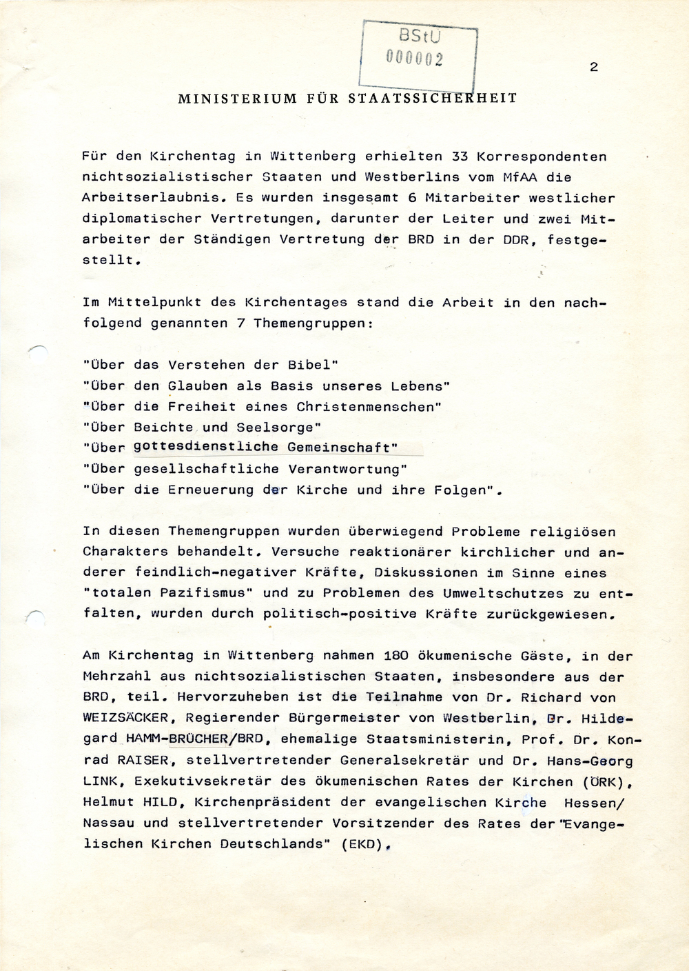 Information über den Verlauf des Kirchentages in Wittenberg 1983