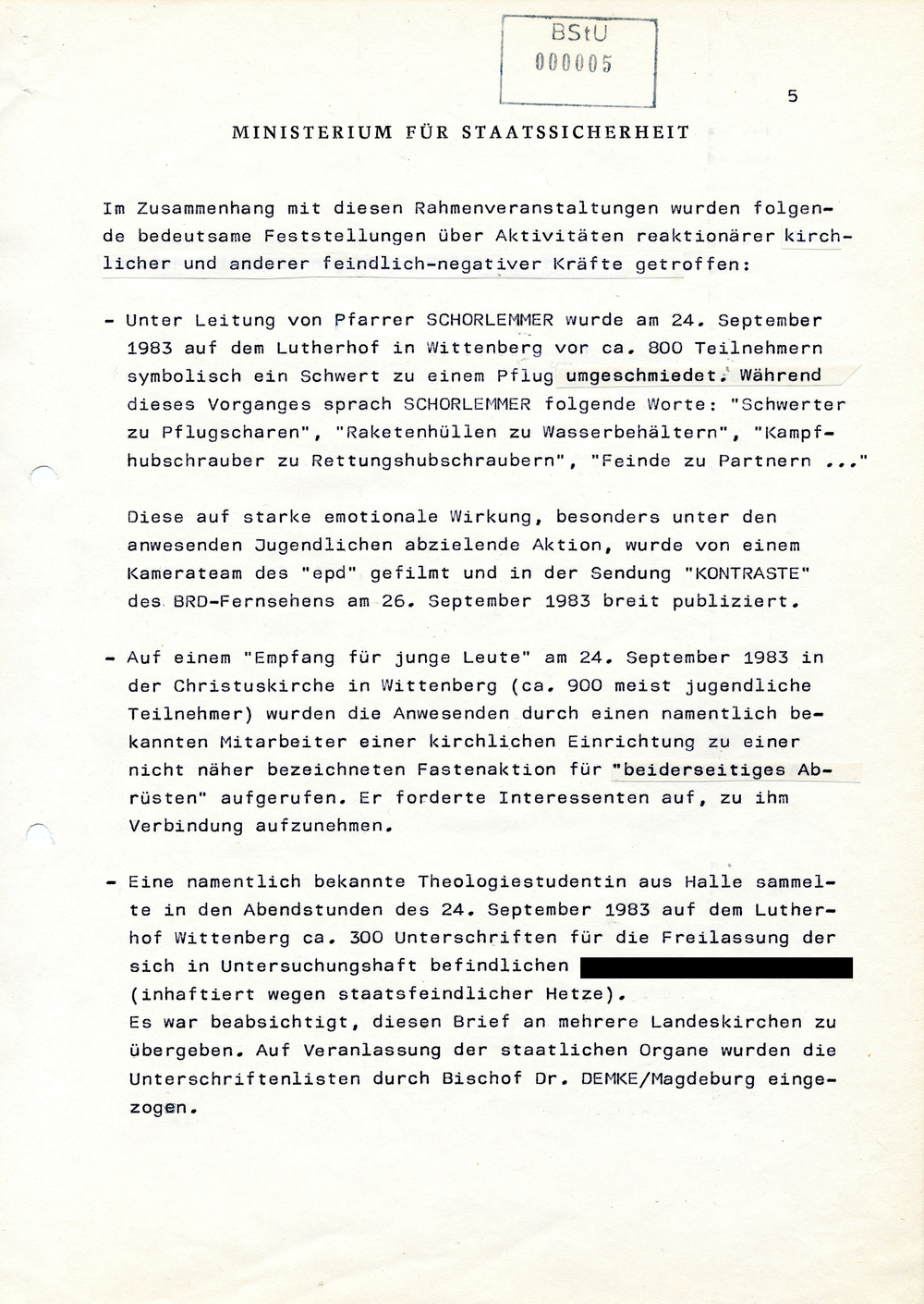 Information über den Verlauf des Kirchentages in Wittenberg 1983