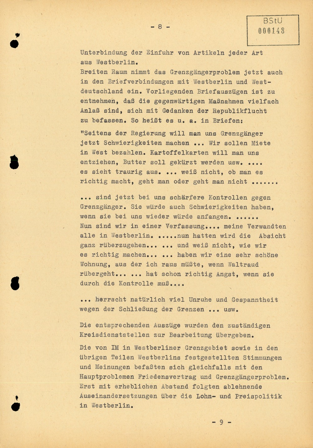 Bericht über die Situation an der Grenze zu West-Berlin im Juli 1961