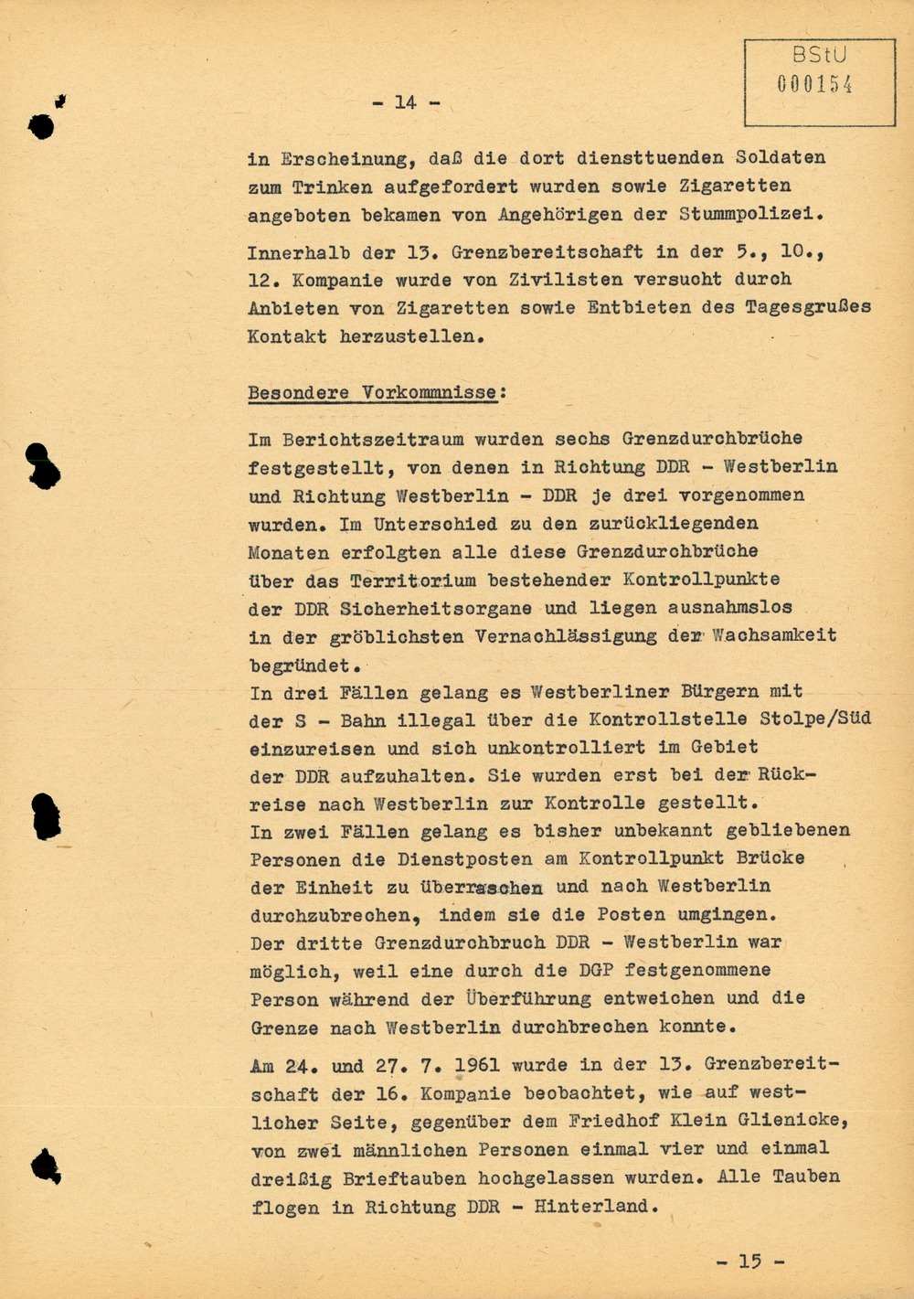 Bericht über die Situation an der Grenze zu West-Berlin im Juli 1961