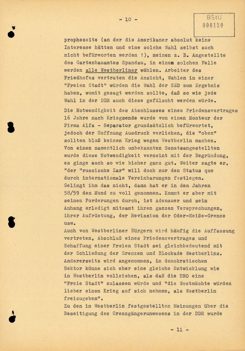 Bericht über die Situation an der Grenze zu West-Berlin im Juli 1961