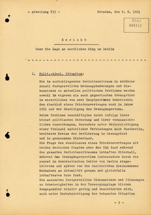 Bericht über die Situation an der Grenze zu West-Berlin im Juli 1961