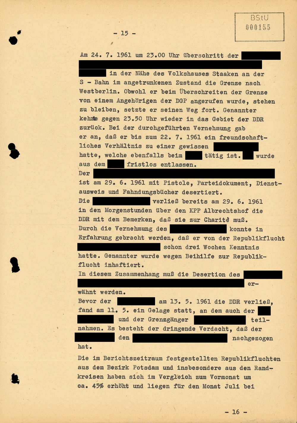 Bericht über die Situation an der Grenze zu West-Berlin im Juli 1961