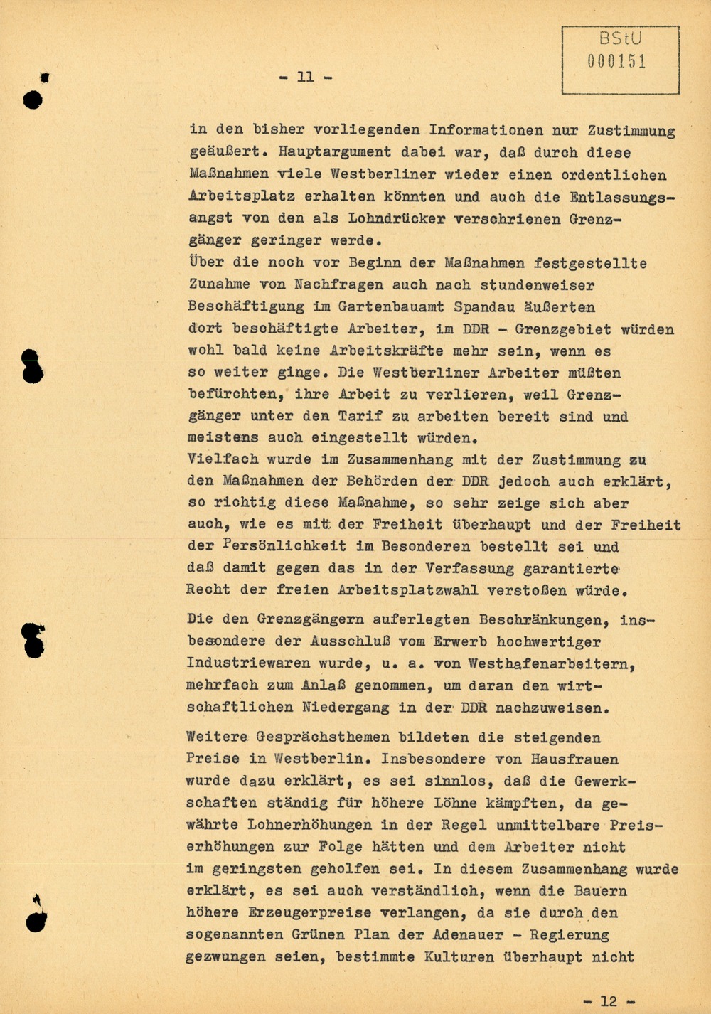 Bericht über die Situation an der Grenze zu West-Berlin im Juli 1961