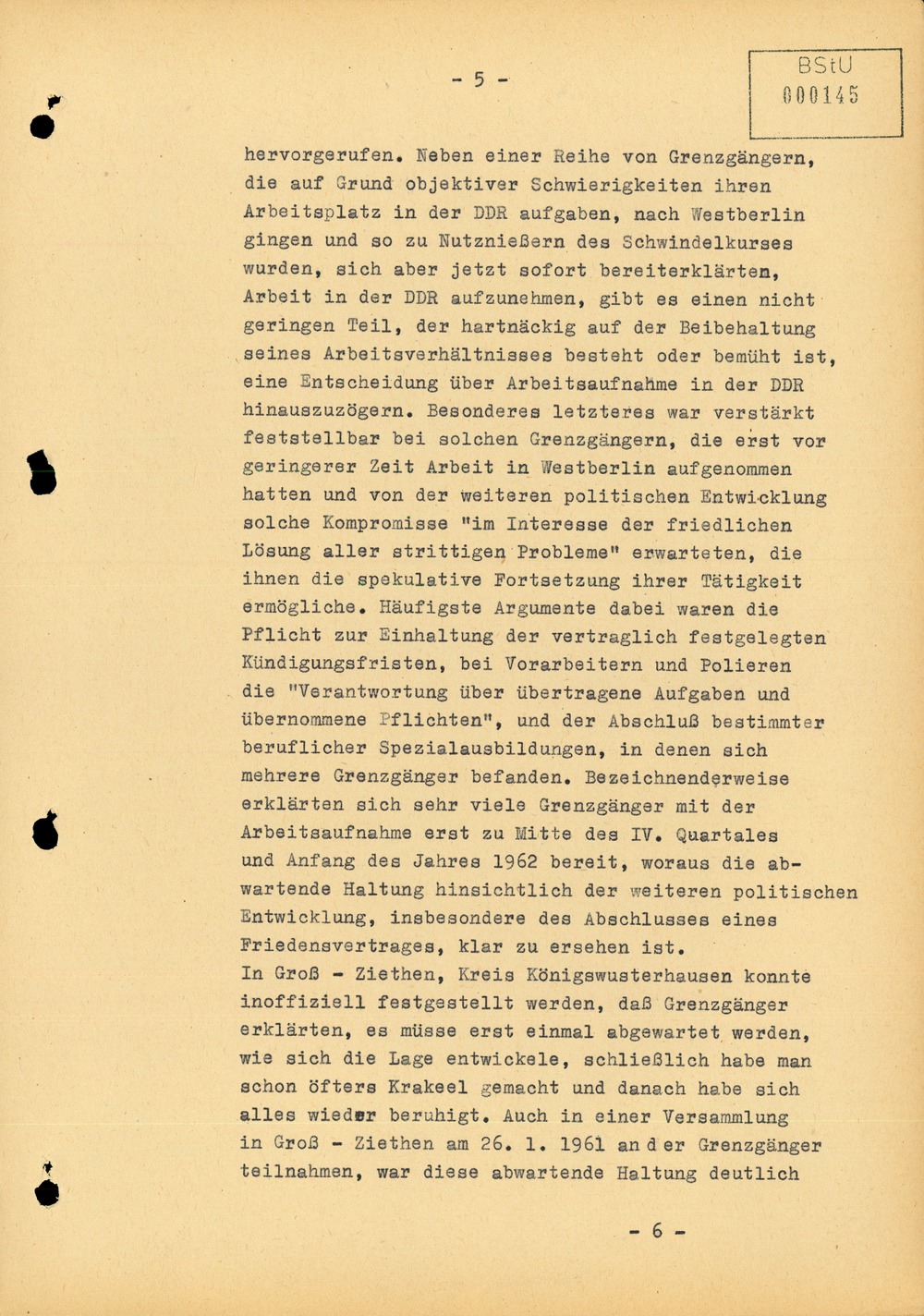 Bericht über die Situation an der Grenze zu West-Berlin im Juli 1961