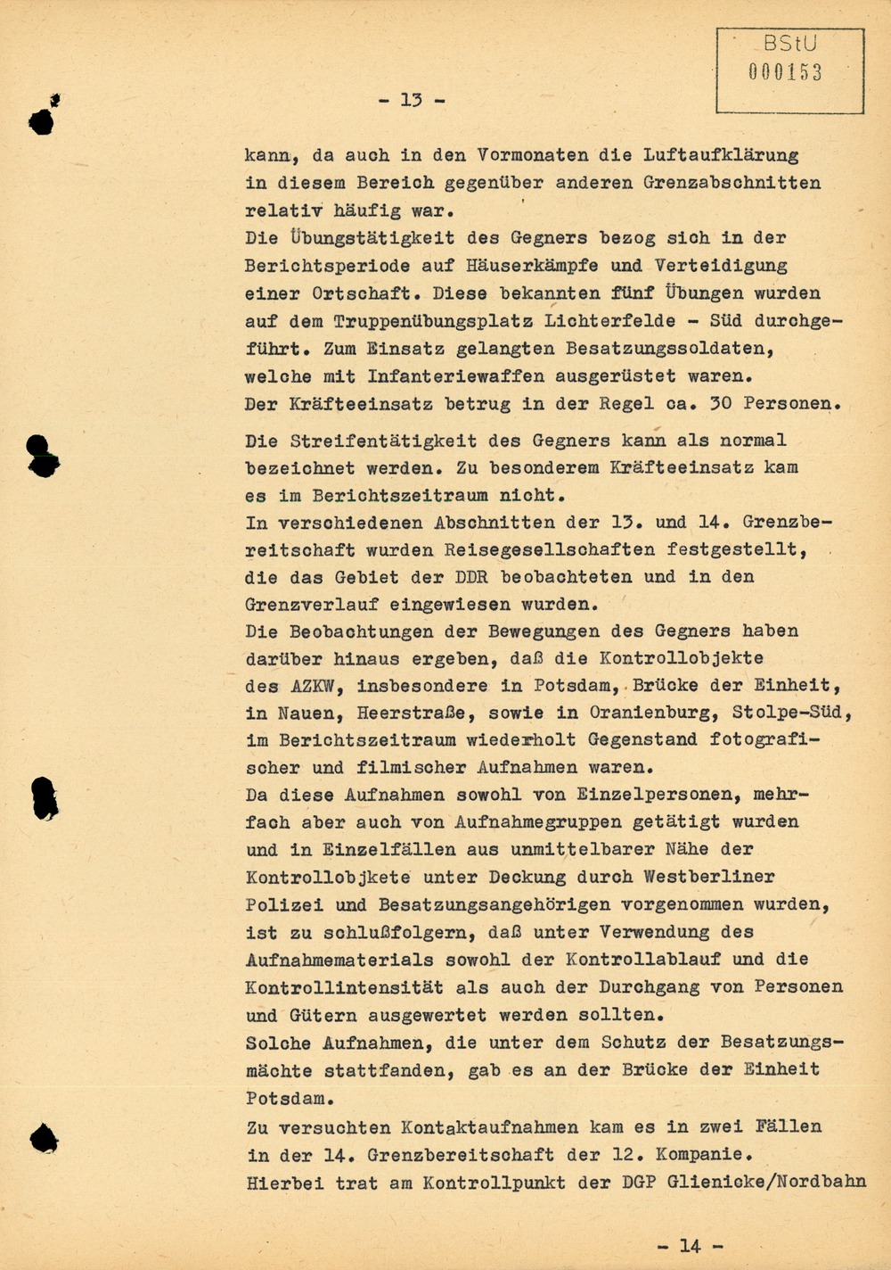Bericht über die Situation an der Grenze zu West-Berlin im Juli 1961