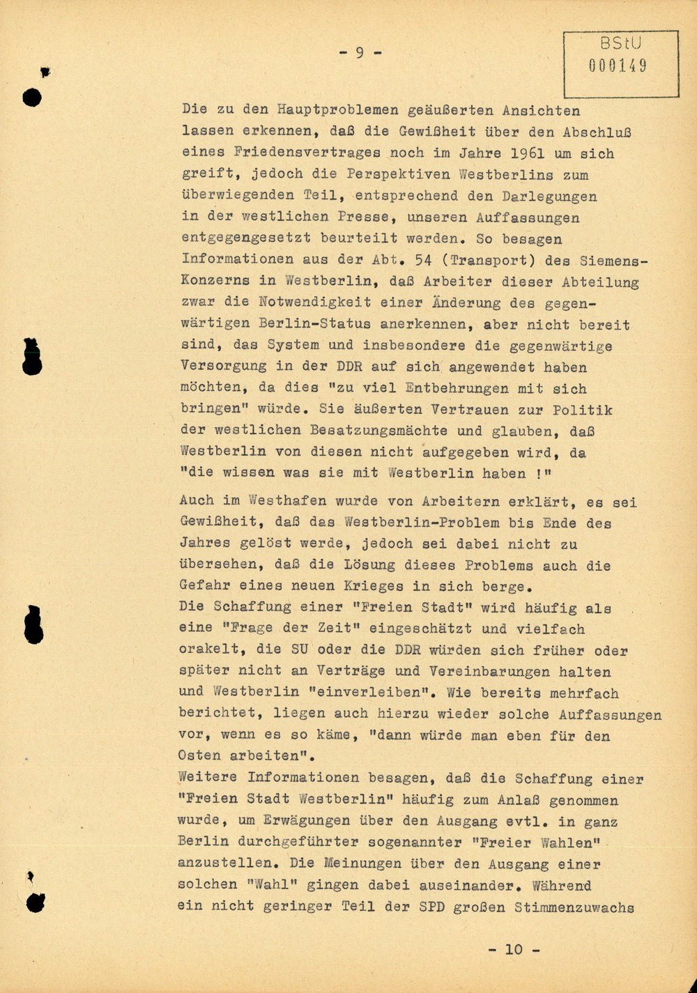 Bericht über die Situation an der Grenze zu West-Berlin im Juli 1961