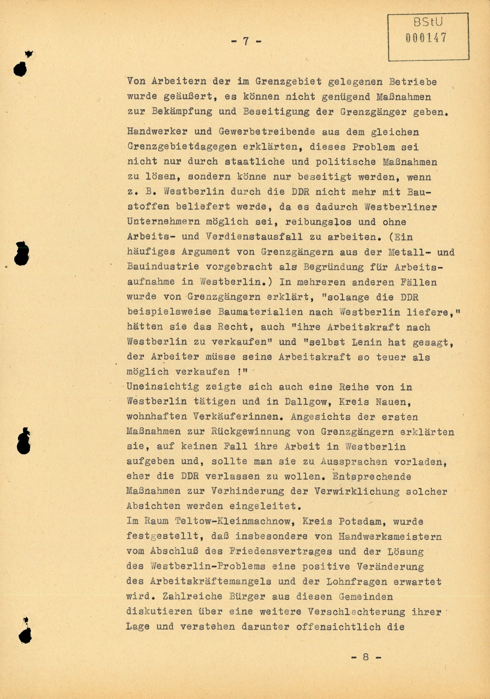 Bericht über die Situation an der Grenze zu West-Berlin im Juli 1961