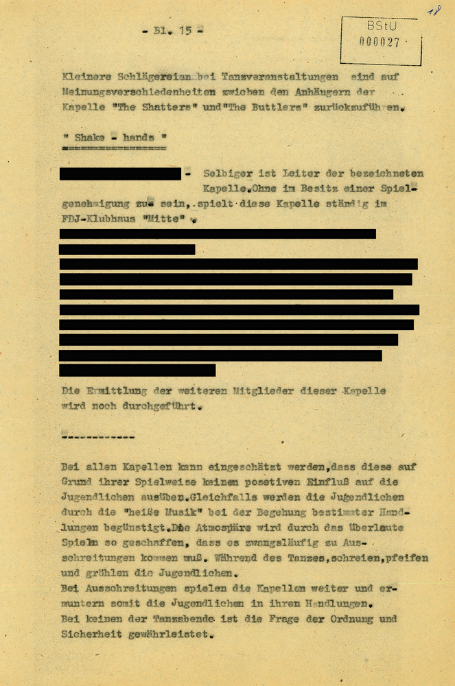 "Bericht" des Volkspolizeikreisamts Leipzig zu "Jugendtanzkapellen"