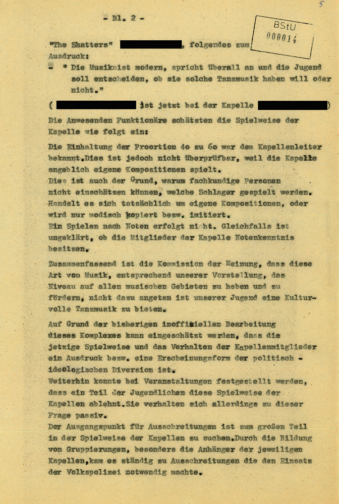 "Bericht" des Volkspolizeikreisamts Leipzig zu "Jugendtanzkapellen"