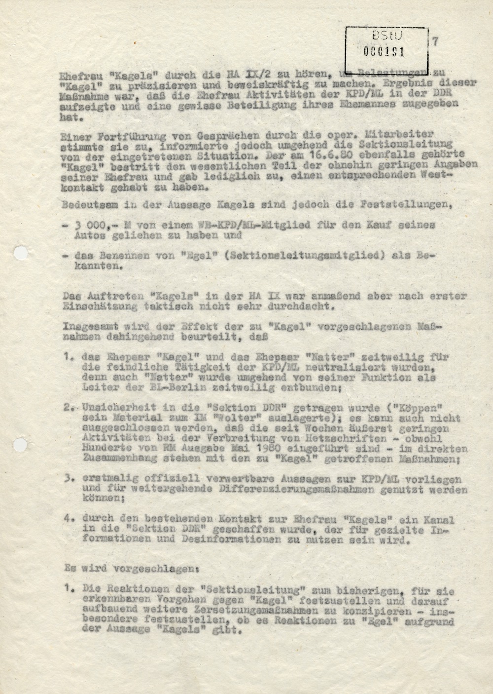 Sachstandsbericht OV "Stachel" gegen die KPD/ML - Sektion DDR