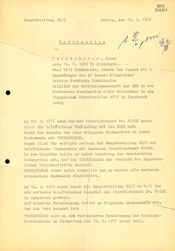Information über das Verlassen der DDR-Olympiamannschaft durch Klaus Tuchscherer