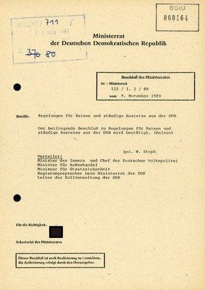 Regelungen für Reisen und ständige Ausreise aus der DDR vom 9. November 1989