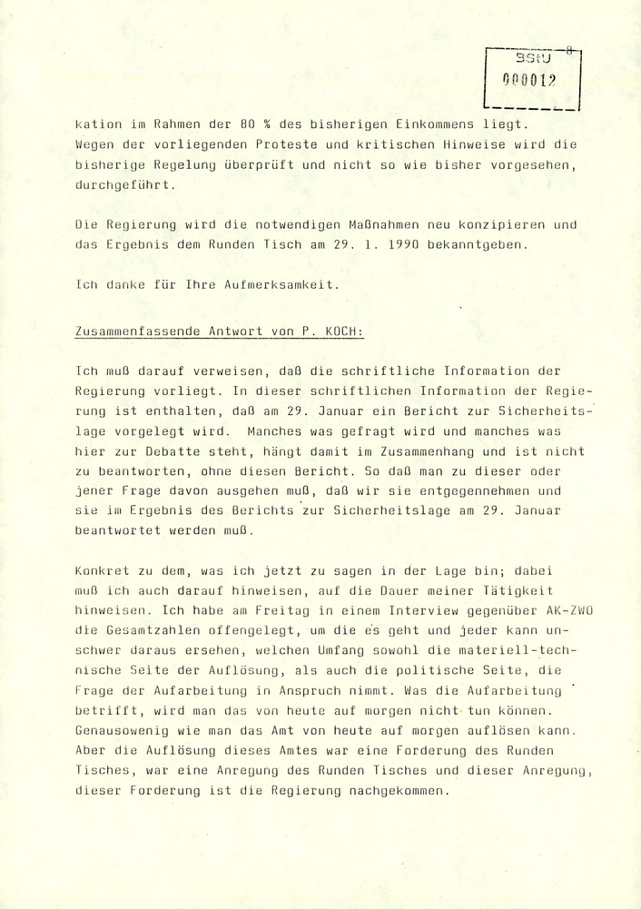 Bericht des Regierungsbeauftragten Peter Koch am Zentralen Runden Tisch