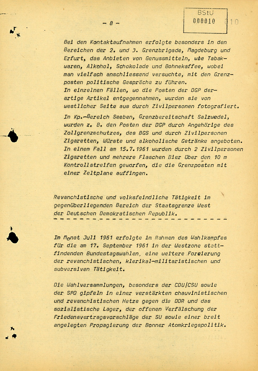 Bericht über die Situation an der Grenze der DDR zur Bundesrepublik im Juli 1961