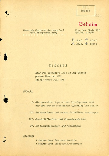 Bericht über die Situation an der Grenze der DDR zur Bundesrepublik im Juli 1961