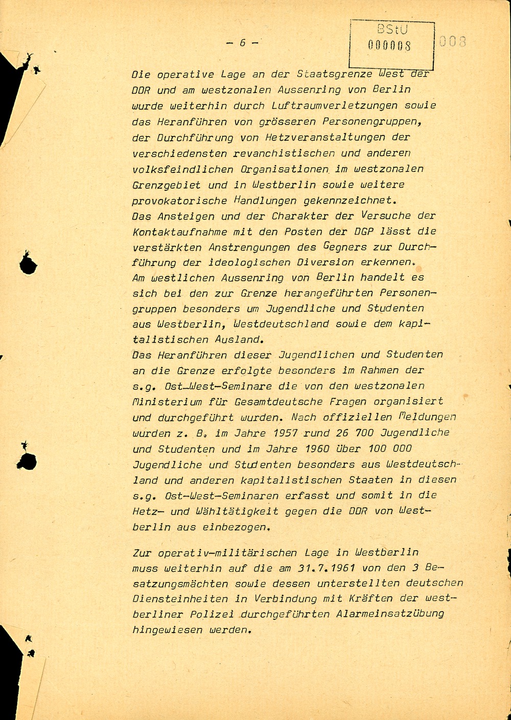 Bericht über die Situation an der Grenze der DDR zur Bundesrepublik im Juli 1961