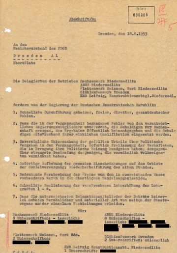 Brief der Streikenden aus den Dresdner Industriebetrieben mit ihren Forderungen an die Regierung der DDR