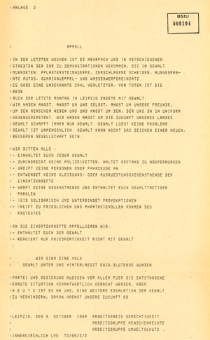 Information über eine nichtgenehmigte Demonstration im Stadtzentrum von Leipzig am 9. Oktober 1989